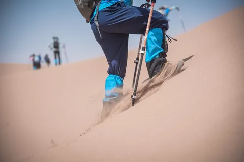登沙丘时，脚下的沙和登山杖